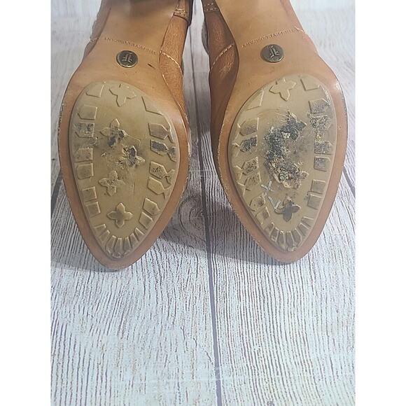 Frye Harlow Multi Strap Boots Women's 6.5 Pull On Tan Leather 4" Heel FLAWS - Picture 12 of 15